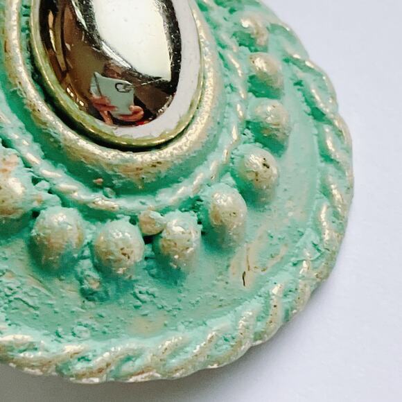 VTG 80s Mint Green Clip On Earrings Teardrop Reflective Metallic Cabochon Artsy - Picture 4 of 9